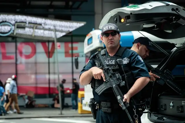 A counterterrorism officer in Times Square following the attack in Nice